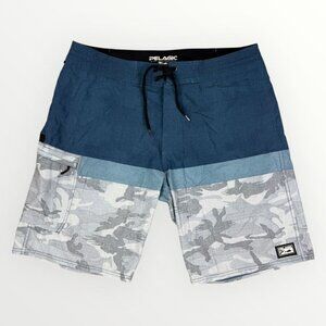 Pelagic High Performance Board Shorts Cargo Pocket Blue Camo Stretch Swim Trunks